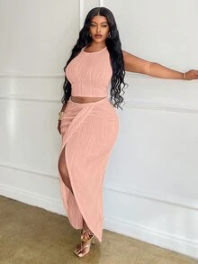 Veslaya Slayr Plus Size White Solid Slim Fit 2 Pieces Outfit 2pcs/Set - Pink - View 6