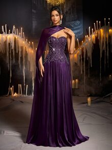 Glamrae Sexy Formal Elegant Romantic Purple Satin Sequin Rhinestone Glitter Strapless Sweetheart Corset Cape Peplum A Line Train Fall Prom Gala Dinner Gown - Purple - View 4