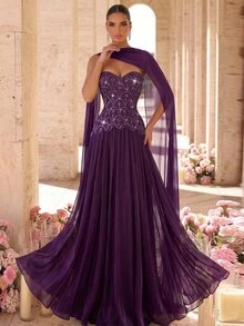 Glamrae Sexy Formal Elegant Romantic Purple Satin Sequin Rhinestone Glitter Strapless Sweetheart Corset Cape Peplum A Line Train Fall Prom Gala Dinner Gown - Purple - View 3