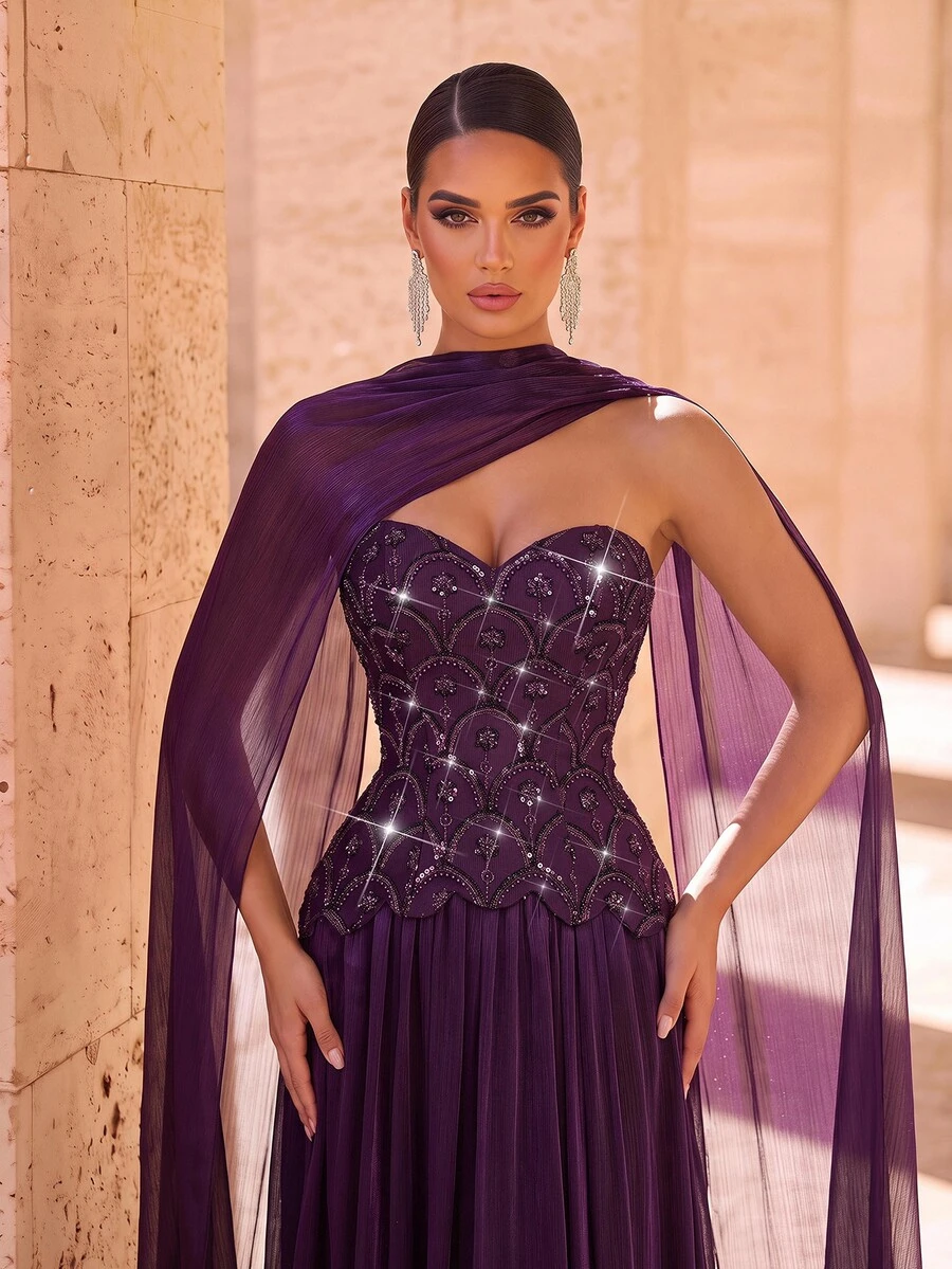 Glamrae Sexy Formal Elegant Romantic Purple Satin Sequin Rhinestone Glitter Strapless Sweetheart Corset Cape Peplum A Line Train Fall Prom Gala Dinner Gown