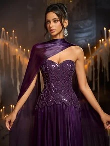 Glamrae Sexy Formal Elegant Romantic Purple Satin Sequin Rhinestone Glitter Strapless Sweetheart Corset Cape Peplum A Line Train Fall Prom Gala Dinner Gown - Purple - View 5