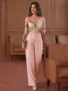 Anewsta Essential Spring/Summer New Elegant Fashion Casual Date New Year's Party Stretchy Fitted Pink Long Sleeve Mesh Round Neck Knit Top - Pink - View 3