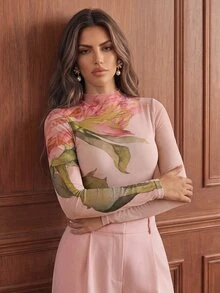 Anewsta Essential Spring/Summer New Elegant Fashion Casual Date New Year's Party Stretchy Fitted Pink Long Sleeve Mesh Round Neck Knit Top - Pink - View 2