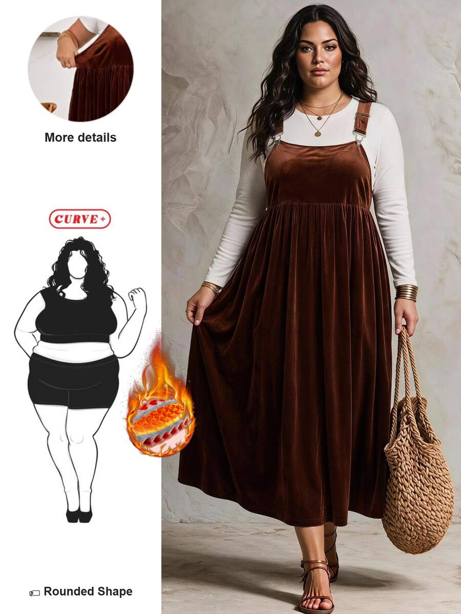 SHEIN CURVE+ Plus Size Casual Solid Color Dress For Autumn Christmas - Coffee Brown - View 1