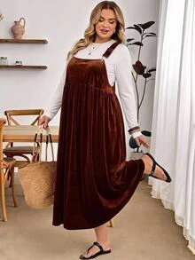 SHEIN CURVE+ Plus Size Casual Solid Color Dress For Autumn Christmas - Coffee Brown - View 6