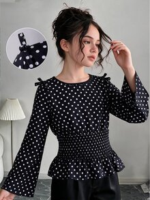 SHEIN 青少年女孩冬季上衣 白色與黑色波點套頭衫 肩部蝴蝶結 喇叭袖 鬆緊腰 荷葉邊上衣 日常休閒可愛校園風 - 黑色 - 查看 1