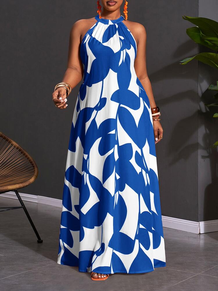 Veslaya Plus Size Women's All-Over Print Waist Tie Casual Elegant Curve Party Vacation Vacation Vacation Beach Wedding Guest Holiday Dress White Summer - Blue - View 6