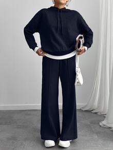 SHEIN Women Navy Marl Oversize Sweatshirt And Sweatpant Two Pieces Set - Navy Blue - View 5