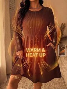 SHEIN CURVE+ Gaun Kasual Lengan Panjang Ukuran Besar dengan Kerah Bulat dan Saku untuk Musim Gugur - Merah - View 9