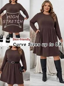 SHEIN CURVE+ Gaun Kasual Lengan Panjang Ukuran Besar dengan Kerah Bulat dan Saku untuk Musim Gugur - Merah - View 1