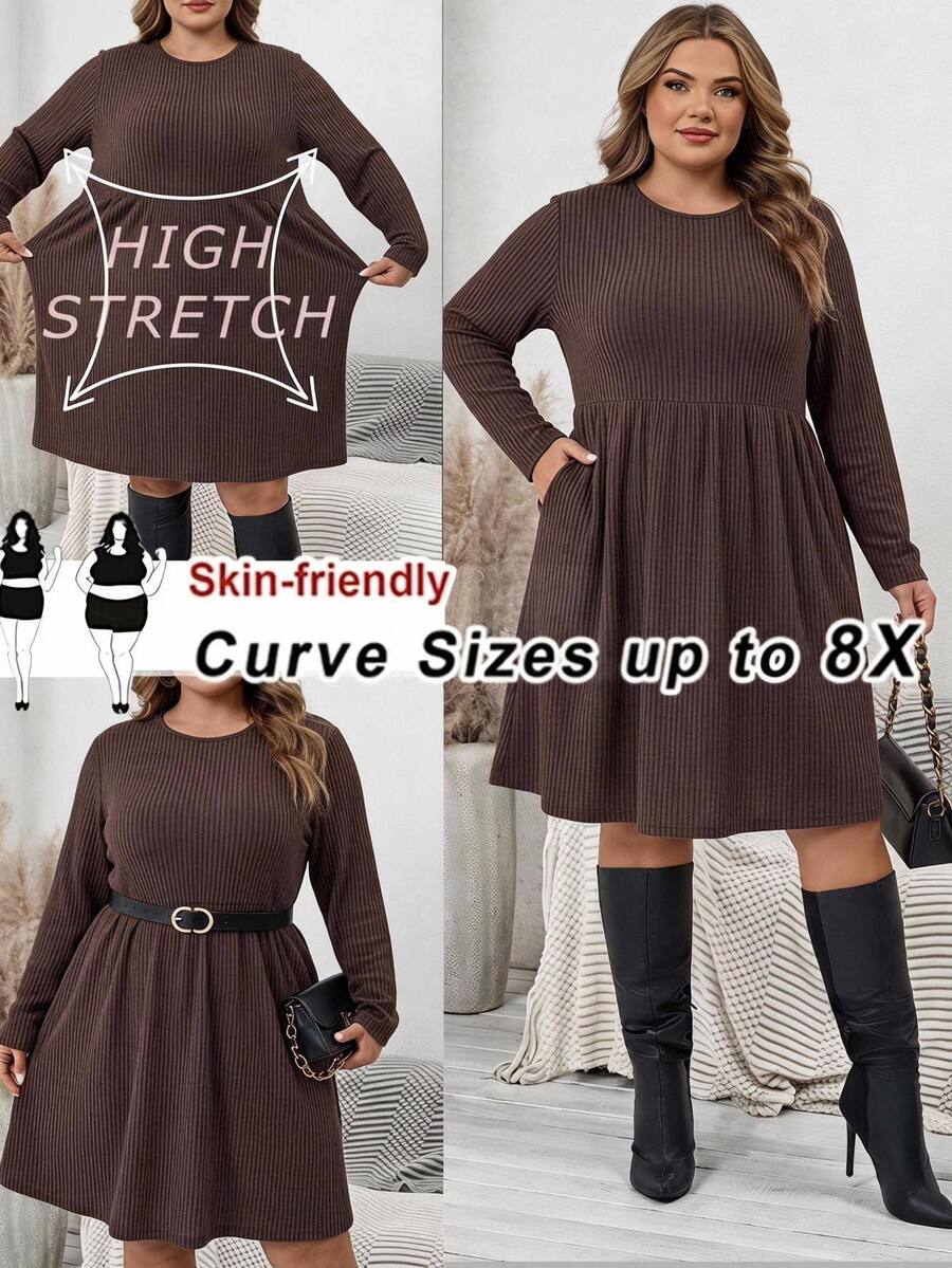 SHEIN CURVE+ Gaun Kasual Lengan Panjang Ukuran Besar dengan Kerah Bulat dan Saku untuk Musim Gugur - Merah - View 1