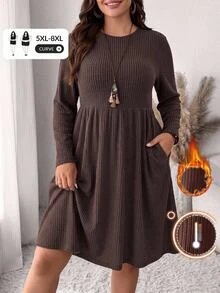 SHEIN CURVE+ Gaun Kasual Lengan Panjang Ukuran Besar dengan Kerah Bulat dan Saku untuk Musim Gugur - Merah - View 10