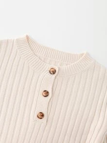 SHEIN Women's Half-Button Round Neck Fitted Long Sleeve Pullover Sweater, Vertical Ribbed Texture Spring/Autumn Inner Layer Top, Beige Slimming Pullover Sweater, Minimalist Gentle Commute Versatile New Vintage Button Top - Apricot - View 5
