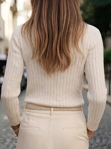 SHEIN Women's Half-Button Round Neck Fitted Long Sleeve Pullover Sweater, Vertical Ribbed Texture Spring/Autumn Inner Layer Top, Beige Slimming Pullover Sweater, Minimalist Gentle Commute Versatile New Vintage Button Top - Apricot - View 2