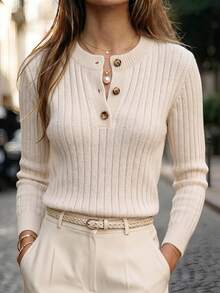 SHEIN Women's Half-Button Round Neck Fitted Long Sleeve Pullover Sweater, Vertical Ribbed Texture Spring/Autumn Inner Layer Top, Beige Slimming Pullover Sweater, Minimalist Gentle Commute Versatile New Vintage Button Top - Apricot - View 3