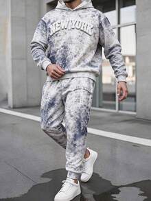 SHEIN 兒童青少年男孩休閒舒適時尚極簡連帽衫長袖褲子套裝，經典酷炫文字圖案印花，經典運動風圖案印花，經典帥氣雪花紮染圖案印花，適合通勤、上學、日常休閒、外出、運動，秋冬款 - 灰色 - 查看 1