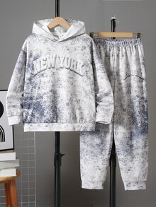 SHEIN 兒童青少年男孩休閒舒適時尚極簡連帽衫長袖褲子套裝，經典酷炫文字圖案印花，經典運動風圖案印花，經典帥氣雪花紮染圖案印花，適合通勤、上學、日常休閒、外出、運動，秋冬款 - 灰色 - 查看 2