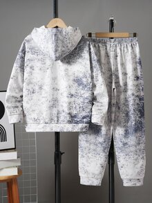 SHEIN 兒童青少年男孩休閒舒適時尚極簡連帽衫長袖褲子套裝，經典酷炫文字圖案印花，經典運動風圖案印花，經典帥氣雪花紮染圖案印花，適合通勤、上學、日常休閒、外出、運動，秋冬款 - 灰色 - 查看 3