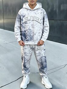 SHEIN 兒童青少年男孩休閒舒適時尚極簡連帽衫長袖褲子套裝，經典酷炫文字圖案印花，經典運動風圖案印花，經典帥氣雪花紮染圖案印花，適合通勤、上學、日常休閒、外出、運動，秋冬款 - 灰色 - 查看 6