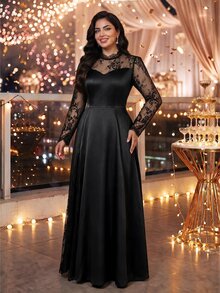 Auveirra Gaun Formal Elegan Lengan Panjang Berenda Kontras Ukuran Besar untuk Wanita, Gaun Malam Formal Hitam, Gaun Musim Gugur, Gaun Tahun Baru, Gaun Halloween, Gaun Tamu Pernikahan, Gaun Putri - Hitam - View 5