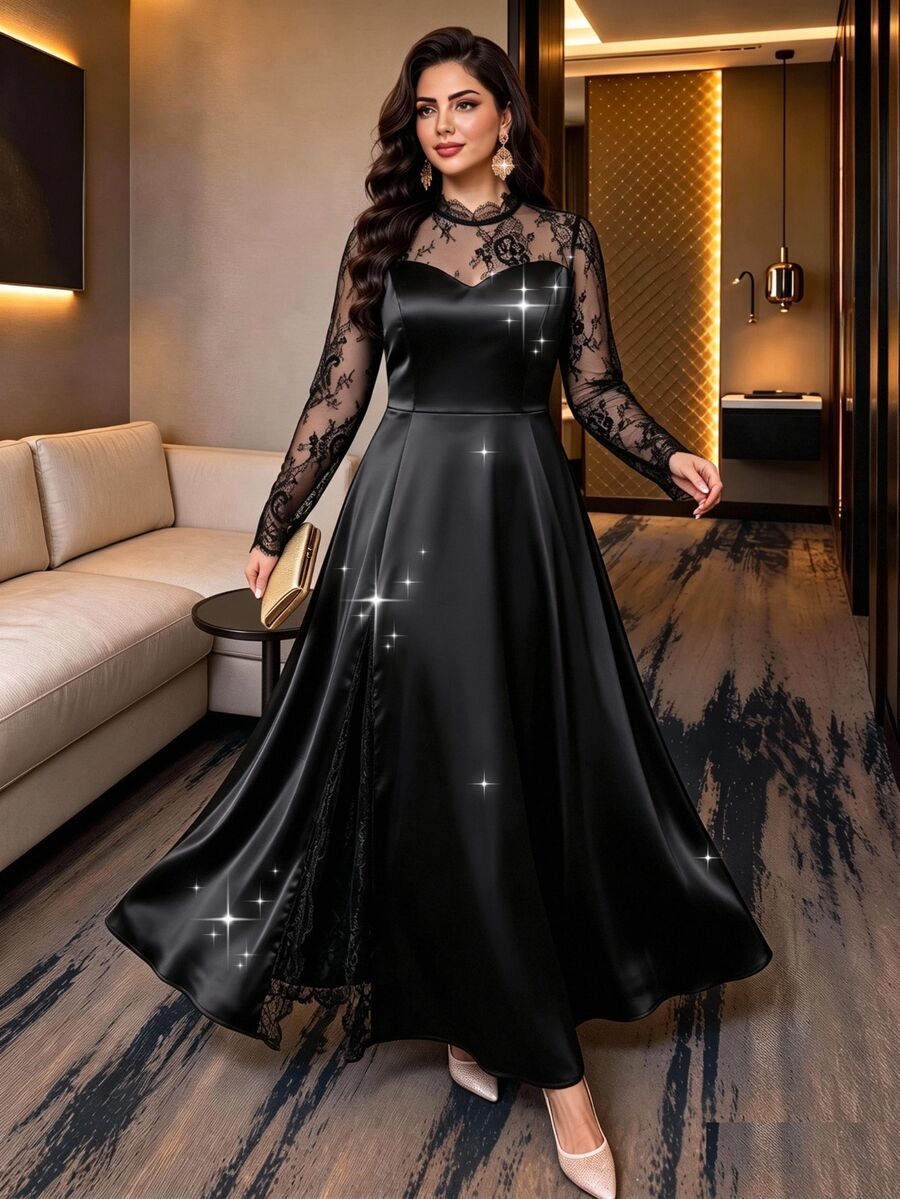 Auveirra Gaun Formal Elegan Lengan Panjang Berenda Kontras Ukuran Besar untuk Wanita, Gaun Malam Formal Hitam, Gaun Musim Gugur, Gaun Tahun Baru, Gaun Halloween, Gaun Tamu Pernikahan, Gaun Putri - Hitam - View 1