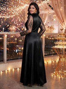 Auveirra Gaun Formal Elegan Lengan Panjang Berenda Kontras Ukuran Besar untuk Wanita, Gaun Malam Formal Hitam, Gaun Musim Gugur, Gaun Tahun Baru, Gaun Halloween, Gaun Tamu Pernikahan, Gaun Putri - Hitam - View 2
