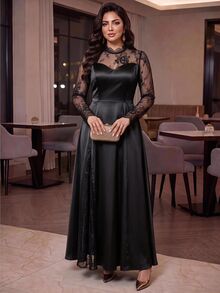 Auveirra Gaun Formal Elegan Lengan Panjang Berenda Kontras Ukuran Besar untuk Wanita, Gaun Malam Formal Hitam, Gaun Musim Gugur, Gaun Tahun Baru, Gaun Halloween, Gaun Tamu Pernikahan, Gaun Putri - Hitam - View 8