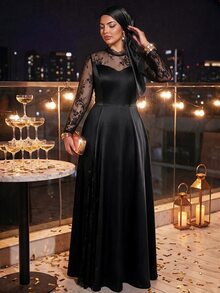 Auveirra Gaun Formal Elegan Lengan Panjang Berenda Kontras Ukuran Besar untuk Wanita, Gaun Malam Formal Hitam, Gaun Musim Gugur, Gaun Tahun Baru, Gaun Halloween, Gaun Tamu Pernikahan, Gaun Putri - Hitam - View 3