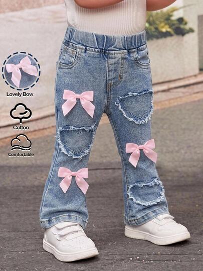 Baby Girl Fall/Winter Y2k Cute Pink Bow Heart Patchwork Blue Denim Skinny Flared Jeans, For Daily & Streetwear, Christmas