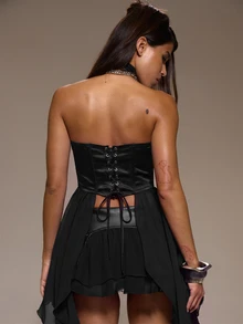MUSERA Black Drape Ruffle Corset Top Autumn Fall Winter Halloween Going Out Lost Whispers - Black - View 4