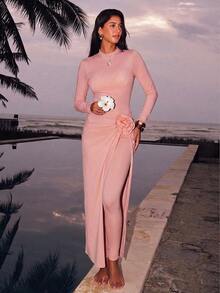 Swim Shayni Women's Elegant Pink Long Sleeve Maxi Dress,Modest Ruched Rose Dress Set,Summer Holiday Vacation Boho Two Piece Set,Beach Swimwear Cover Up,Holiday - Multicolor - View 9