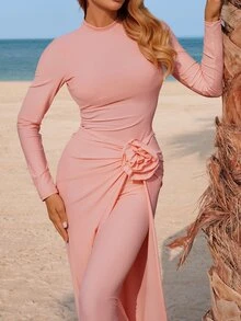 Swim Shayni Women's Elegant Pink Long Sleeve Maxi Dress,Modest Ruched Rose Dress Set,Summer Holiday Vacation Boho Two Piece Set,Beach Swimwear Cover Up,Holiday - Multicolor - View 7