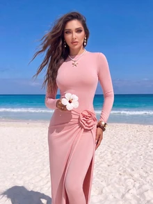 Swim Shayni Women's Elegant Pink Long Sleeve Maxi Dress,Modest Ruched Rose Dress Set,Summer Holiday Vacation Boho Two Piece Set,Beach Swimwear Cover Up,Holiday - Multicolor - View 2
