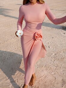 Swim Shayni Women's Elegant Pink Long Sleeve Maxi Dress,Modest Ruched Rose Dress Set,Summer Holiday Vacation Boho Two Piece Set,Beach Swimwear Cover Up,Holiday - Multicolor - View 8
