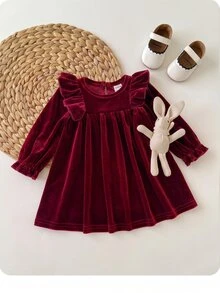 SHEIN Newborn Baby Girl Cute Burgundy Velvet Ruffle Autumn Winter Dress - Burgundy - View 3