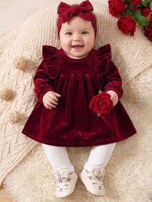 SHEIN Newborn Baby Girl Cute Burgundy Velvet Ruffle Autumn Winter Dress - Burgundy - View 11