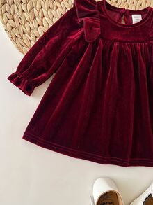 SHEIN Newborn Baby Girl Cute Burgundy Velvet Ruffle Autumn Winter Dress - Burgundy - View 9