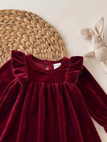 SHEIN Newborn Baby Girl Cute Burgundy Velvet Ruffle Autumn Winter Dress - Burgundy - View 6