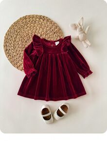 SHEIN Newborn Baby Girl Cute Burgundy Velvet Ruffle Autumn Winter Dress - Burgundy - View 7