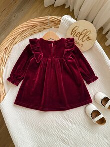 SHEIN Newborn Baby Girl Cute Burgundy Velvet Ruffle Autumn Winter Dress - Burgundy - View 2