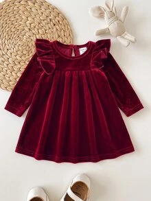 SHEIN Newborn Baby Girl Cute Burgundy Velvet Ruffle Autumn Winter Dress - Burgundy - View 10