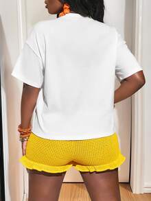 Veslaya Women's White Summer Casual Beach Vacation Holiday Tropical Coconut Tree Printing Loose Short-Sleeved T-Shirt And Slim Ruffle Hem Yellow Mesh Shorts - White - View 2