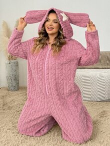 SHEIN CURVE+ بدلة نسائية كاجوال مقاس كبير من الفرو الناعم بأذني أرنب - وردي - مشاهدة 6