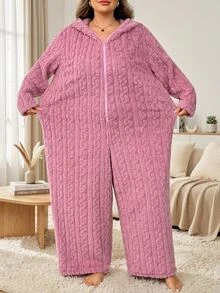 SHEIN CURVE+ بدلة نسائية كاجوال مقاس كبير من الفرو الناعم بأذني أرنب - وردي - مشاهدة 4