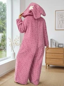 SHEIN CURVE+ بدلة نسائية كاجوال مقاس كبير من الفرو الناعم بأذني أرنب - وردي - مشاهدة 2