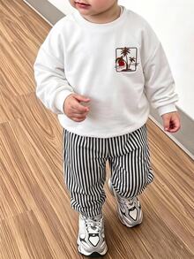 Genkimix Kids 小男孩休閒運動學院風街頭可愛酷感白色運動衫＋條紋長褲套裝，適合日常穿著、上學、外出、運動，春秋季節適用，為男孩提供多種搭配選擇，增加服裝組合多樣性，整體設計簡約優雅，舒適時尚 - 白色 - 查看 2