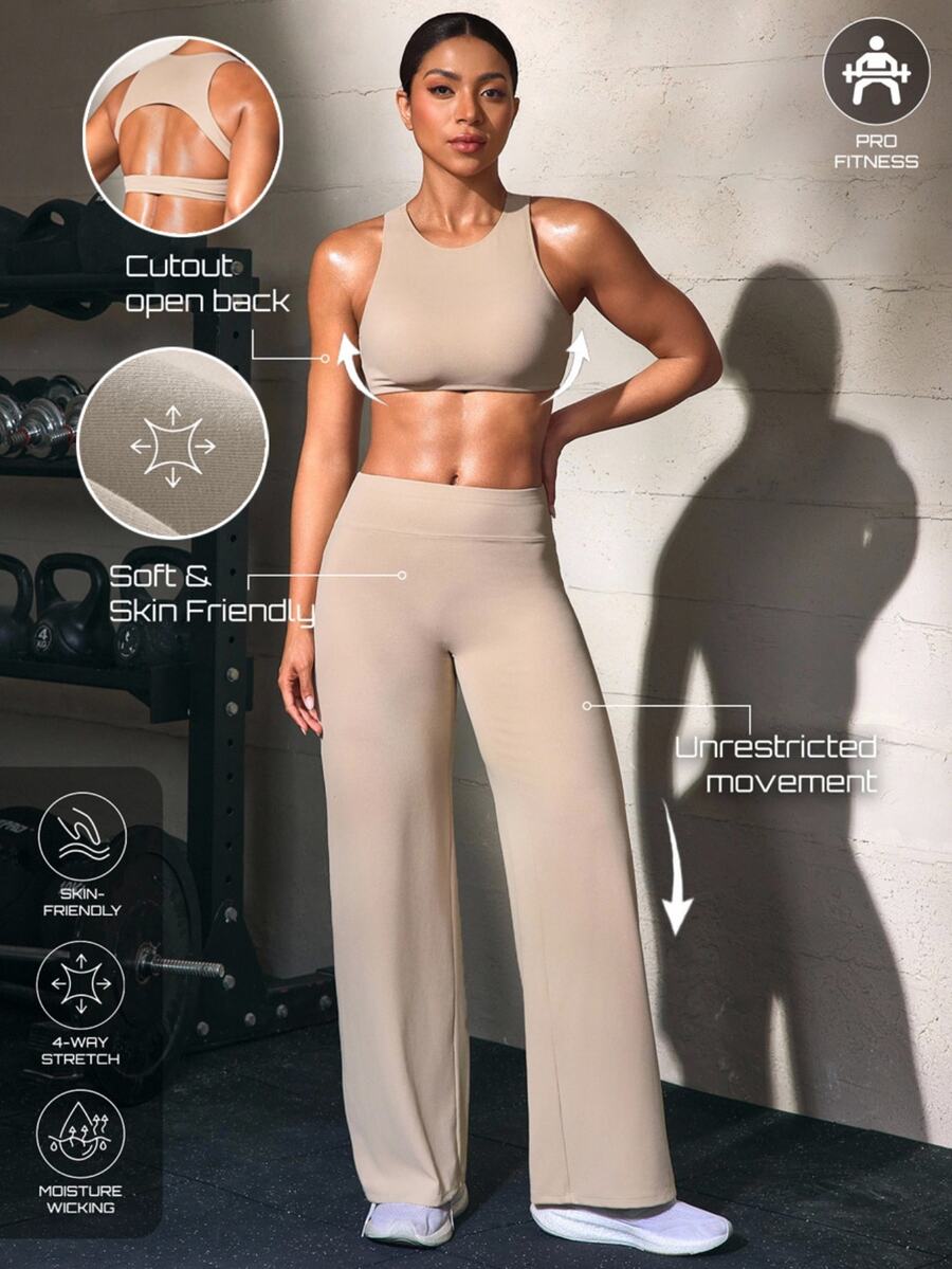 Solea Cove Women's Hollow-Out Racerback Sports Bra & High Waist Wide Leg Pants Yoga Fitness 2 Pieces Set