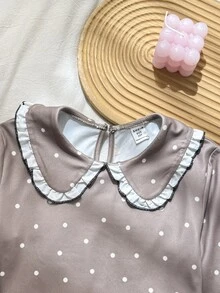 SHEIN 少女彼得領修身卡其色波點長袖上衣褲套裝 - 卡其色 - 查看 2