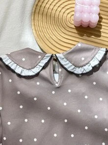 SHEIN 少女彼得領修身卡其色波點長袖上衣褲套裝 - 卡其色 - 查看 4