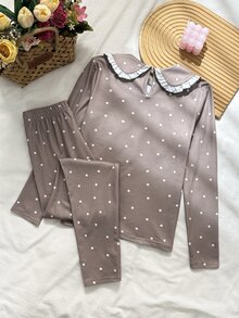 SHEIN 少女彼得領修身卡其色波點長袖上衣褲套裝 - 卡其色 - 查看 6